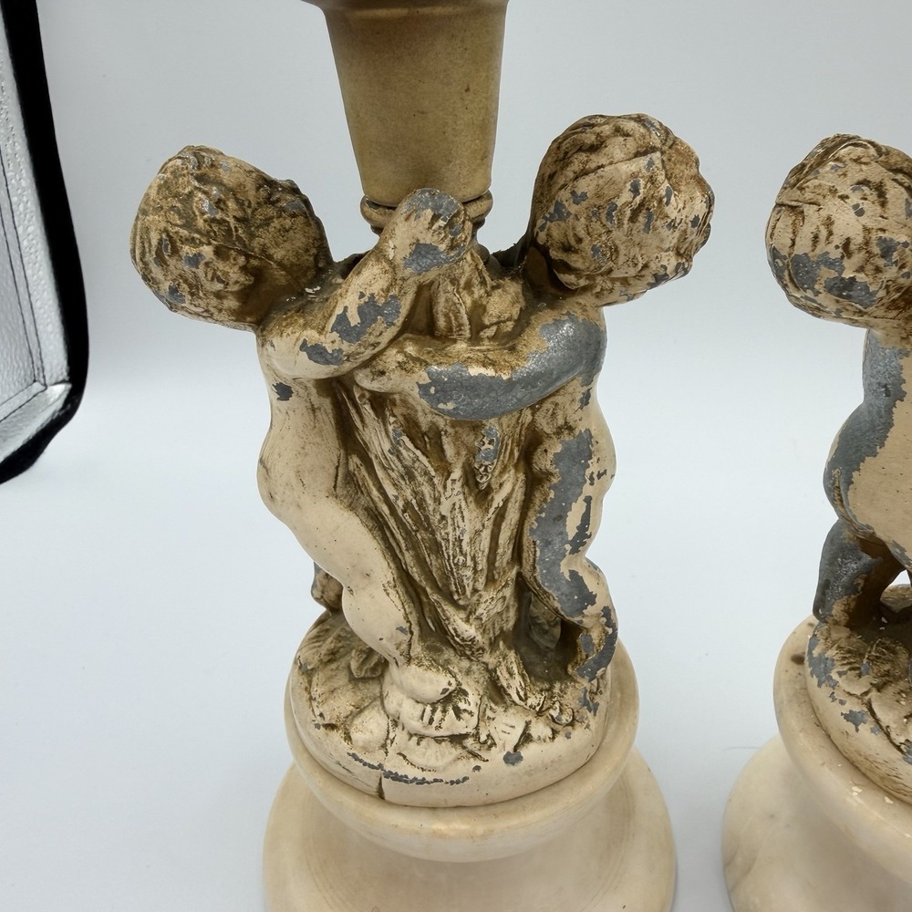 Vintage Italian Alabaster Marble Cherub Candlestick Holders Set - Made In Italy - Picture 7 of 13